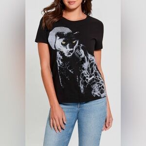 Guess Black Leopard Graphic Tee Rhinestone L